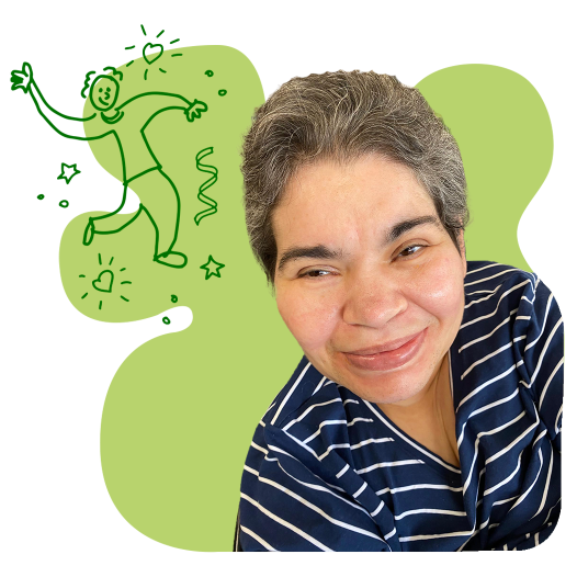 A woman in a striped shirt smiling