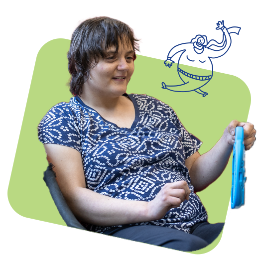 A woman holding a blue tablet