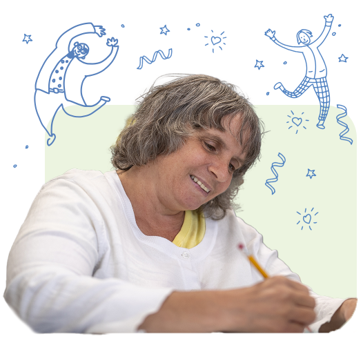 A woman holding a pencil, writing something down